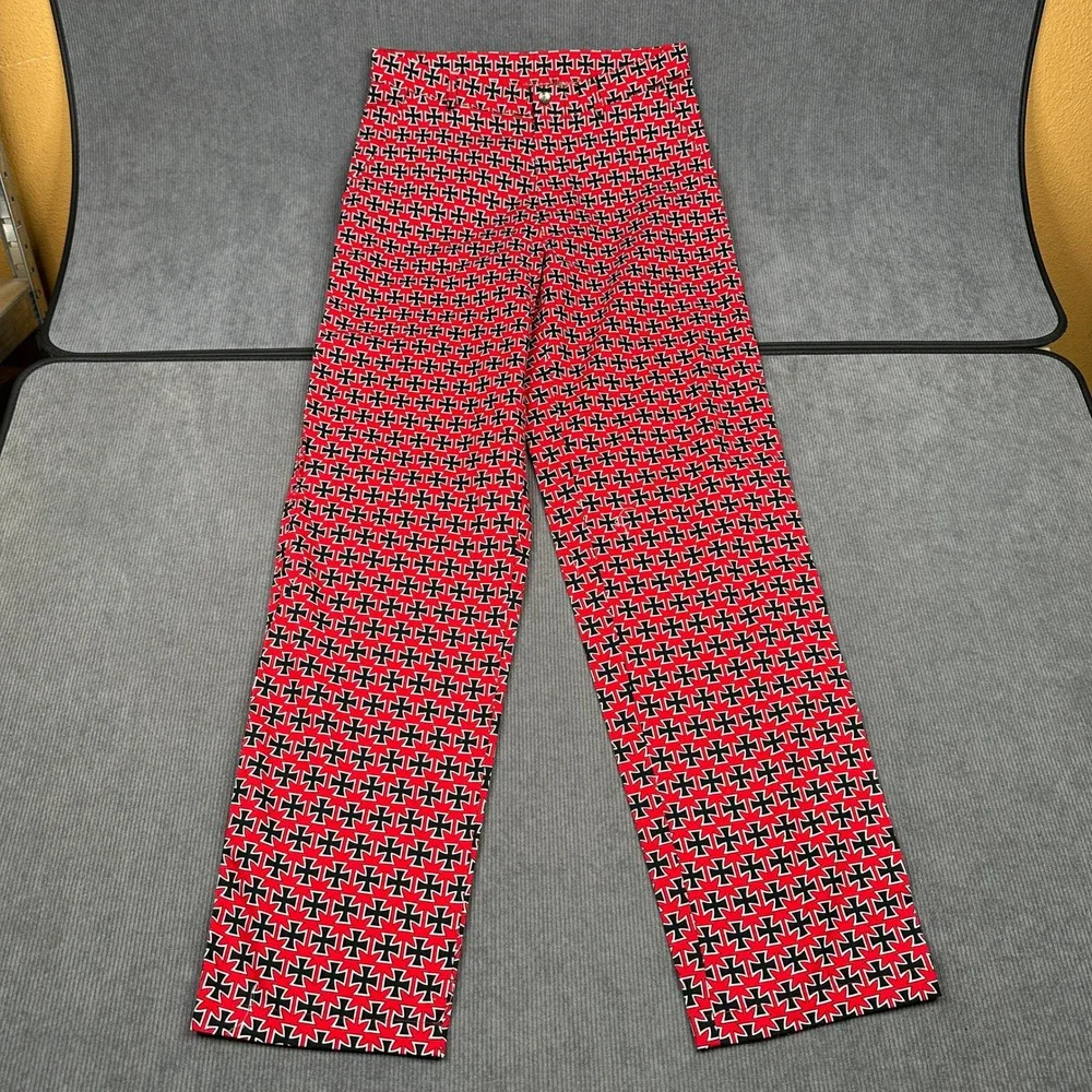 Vintage Lifes A Beach Iron Cross Print Pants Red Black Surf Streetwear 31x34